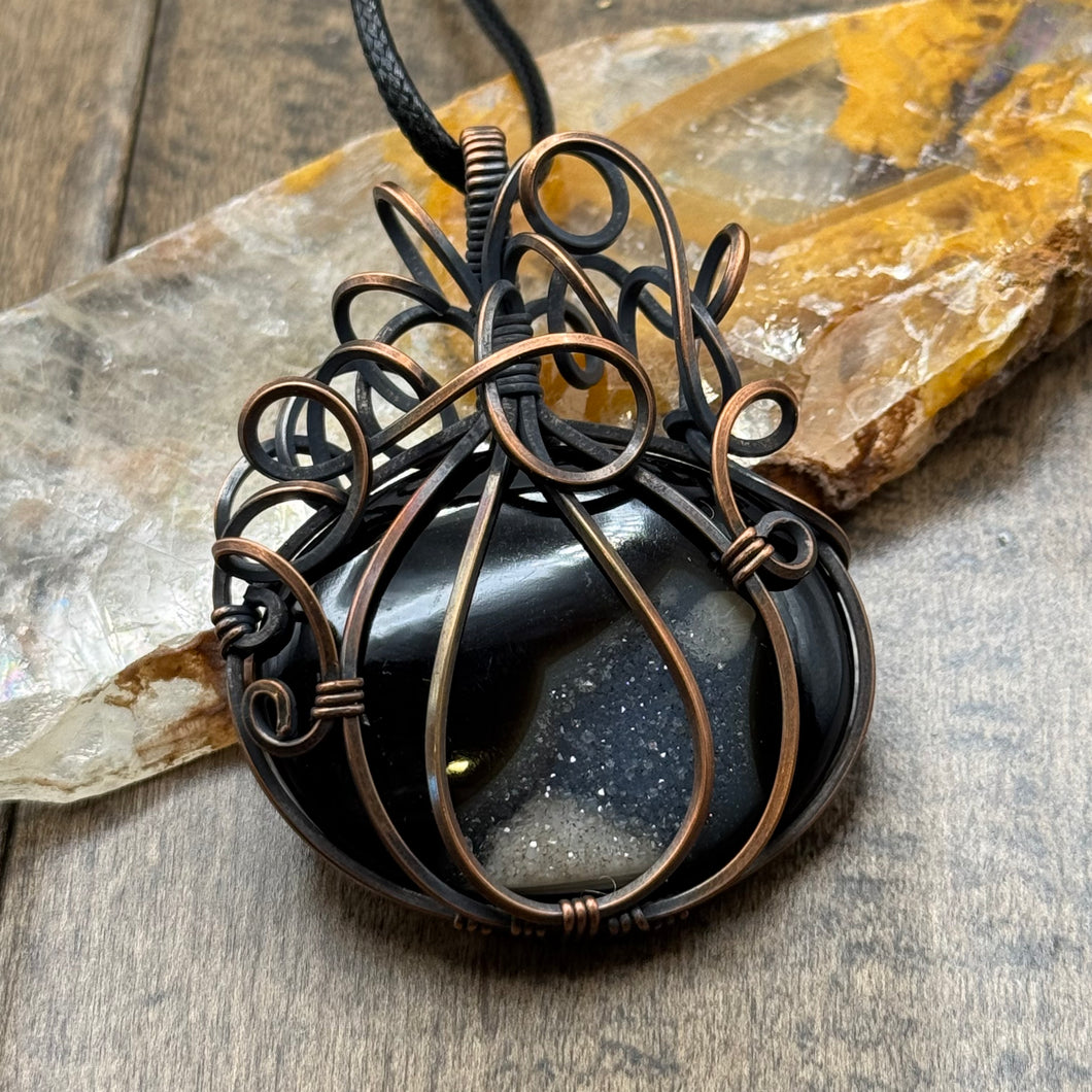 Black Onyx Druzy Pumpkin Pendant